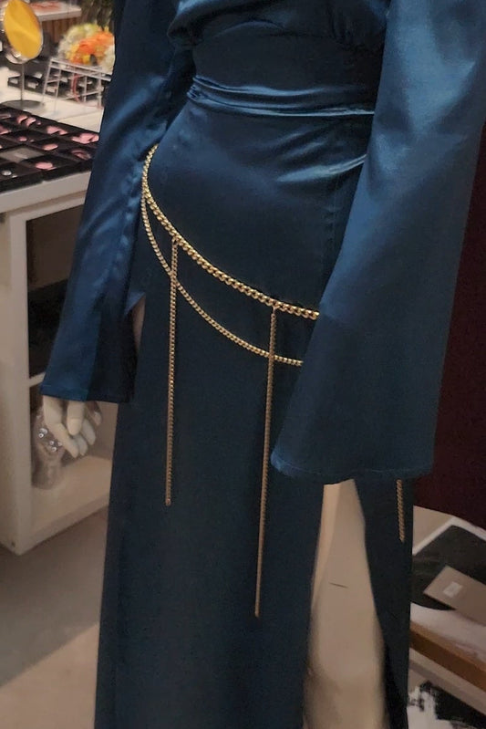 Blue dress with gold chain