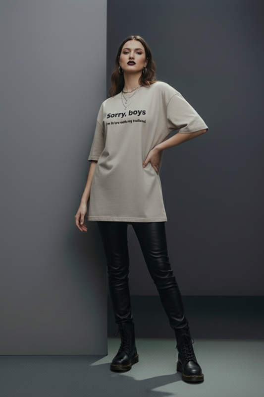 Woman wearing a beige oversized t-shirt with text, black leather pants, and black boots against a gray background